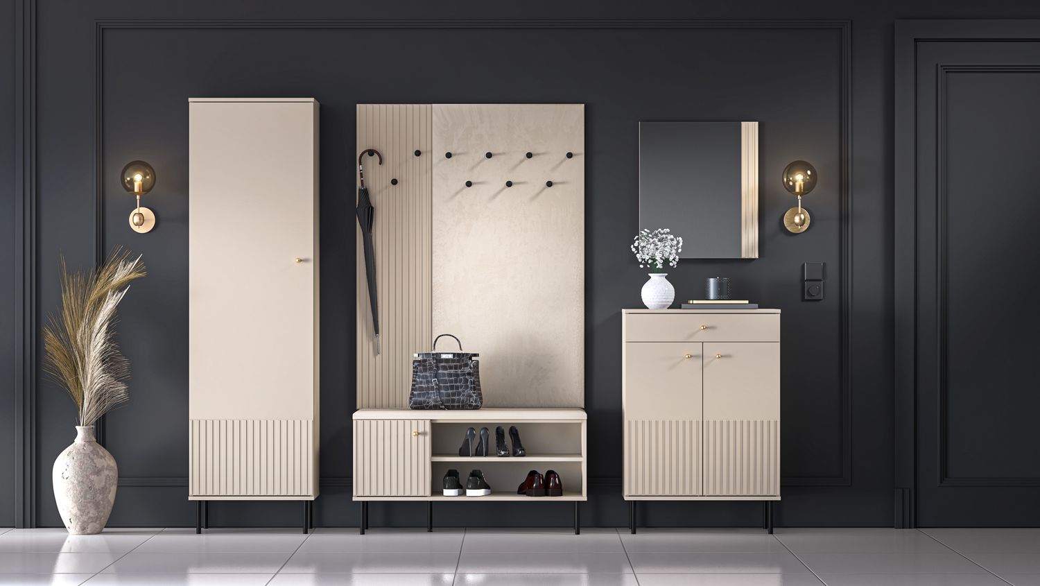 Guardaroba completo - Set E "Petkula", 6 pezzi, design moderno, beige chiaro, chiusura "Soft Close", protezione bordi in ABS