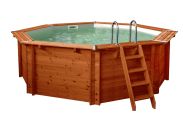 Piscina in legno Gardenflair 01, a forma ottagonale, 5,30 x 1,38 metri, comprensiva di sistema di filtraggio a sabbia, Fiberclean, scala per piscina, liner per piscina, telo per pavimento e pareti, giunti angolari in acciaio inox, faretti LED, copertura e