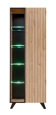 Vetrina moderna Nordkapp 03, colore: Hickory Jackson / Nero - Dimensioni: 192 x 70 x 40 cm (A x L x P), con 10 scomparti e illuminazione a LED