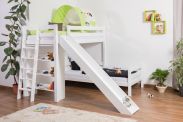 Letto per bambini Letto a castello Pauli in legno massiccio di faggio laccato bianco con ripiano e scivolo incl. telaio avvolgibile - 90 x 200 cm, divisibile