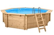 Robusta piscina in legno Sunnydream 05, 6,55 x 1,36 metri, comprensiva di sistema di filtraggio premium, materiale filtrante, scala per piscina, liner per piscina, telo per pavimento e pareti, giunti angolari in acciaio inox