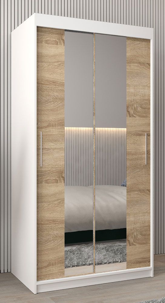 Armadio ad ante scorrevoli Bisaurin 1B con specchio, bianco opaco / rovere Sonoma - 200 x 100 x 62 cm (h x l x p)