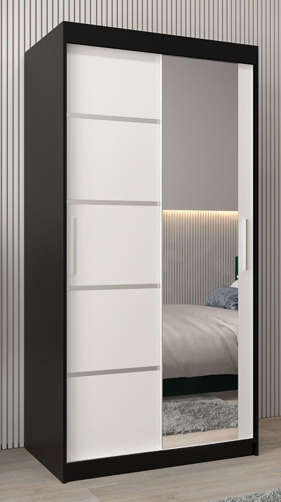 Armadio ad ante scorrevoli Jan 01B con specchio, nero / bianco opaco - 200 x 100 x 62 cm (h x l x p)