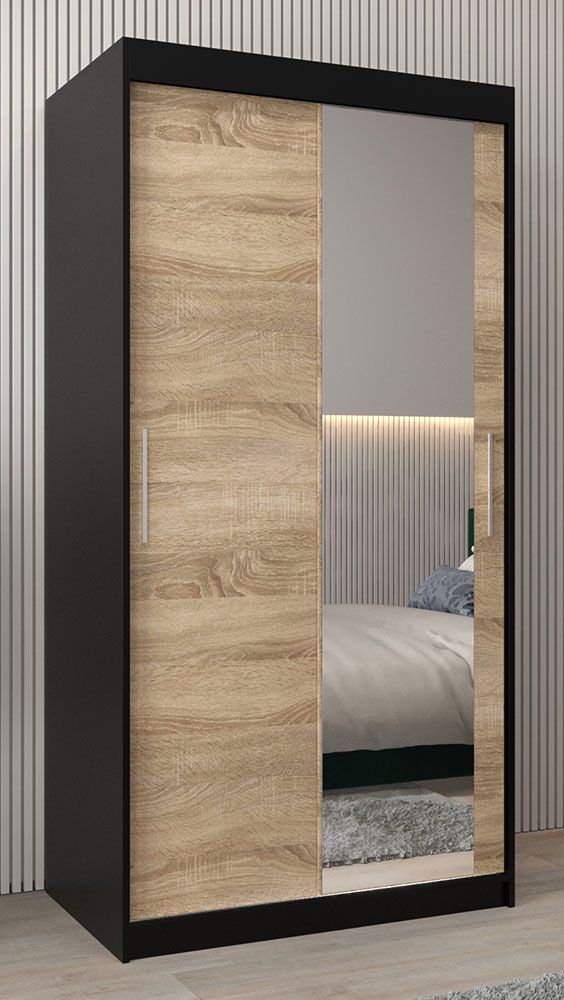 Armadio ad ante scorrevoli Bisaurin 1C con specchio, nero / rovere Sonoma - 200 x 100 x 62 cm (h x l x p)