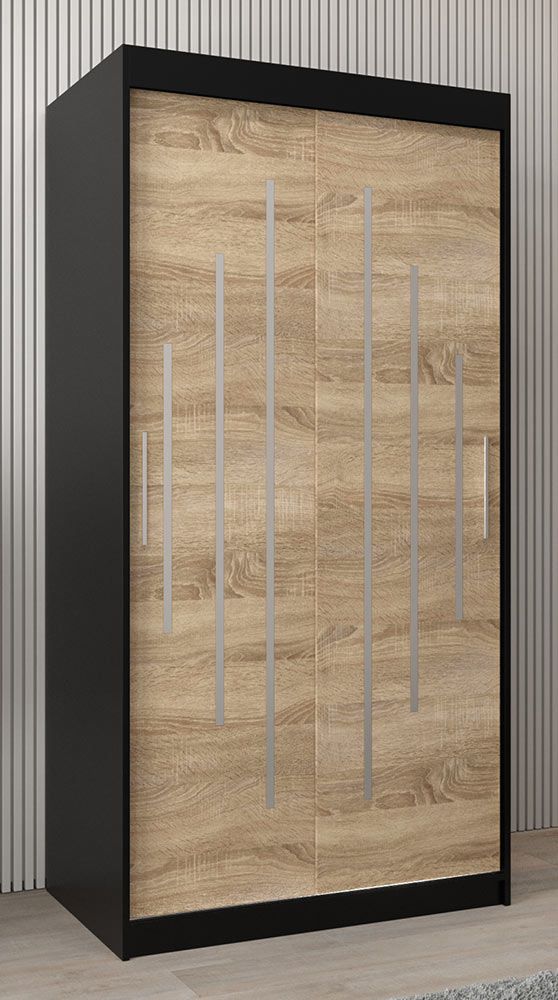 Armadio ad ante scorrevoli Pilatus 01, nero / rovere Sonoma - 200 x 100 x 62 cm (h x l x p)