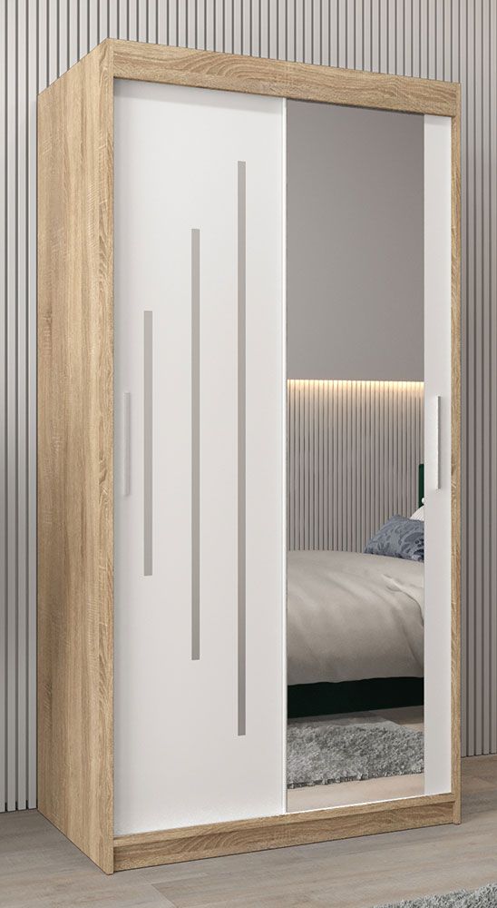 Armadio ad ante scorrevoli Tomlis 01B con specchio, rovere Sonoma / bianco opaco - 200 x 100 x 62 cm (h x l x p)