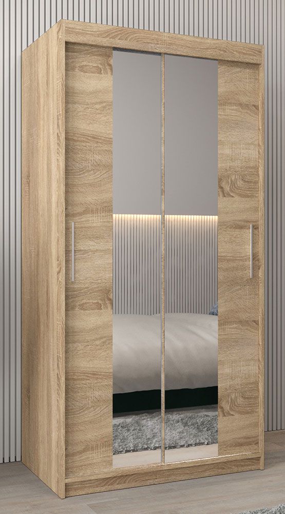 Armadio ad ante scorrevoli Bisaurin 1B con specchio, rovere Sonoma - 200 x 100 x 62 cm (h x l x p)