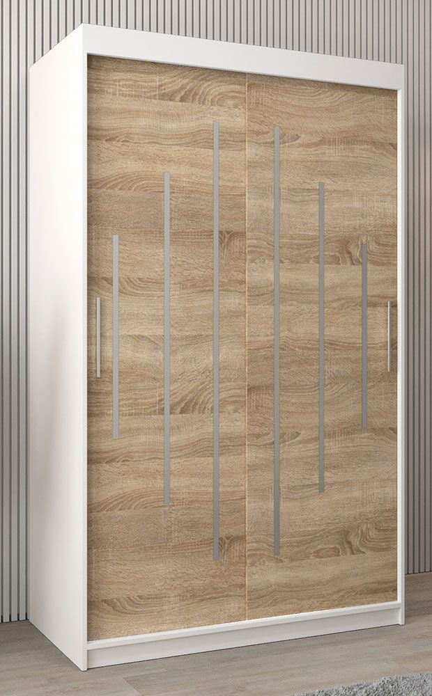 Armadio ad ante scorrevoli Pilatus 02, bianco opaco / rovere Sonoma - 200 x 120 x 62 cm (h x l x p)