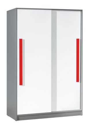 Cameretta - Armadio ad ante scorrevoli "Olaf" 13, antracite/bianco/rosso, parzialmente massello - 191 x 120 x 60 cm (h x l x p)
