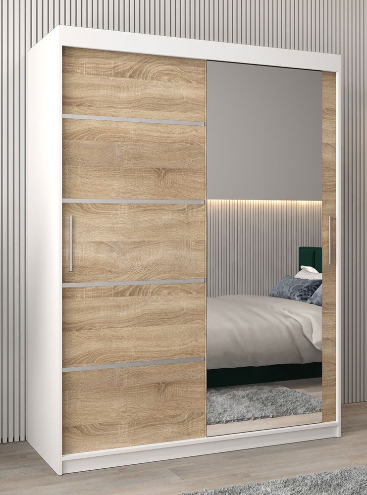 Armadio ad ante scorrevoli Jan 03B con specchio, bianco opaco / rovere Sonoma - 200 x 150 x 62 cm (h x l x p)