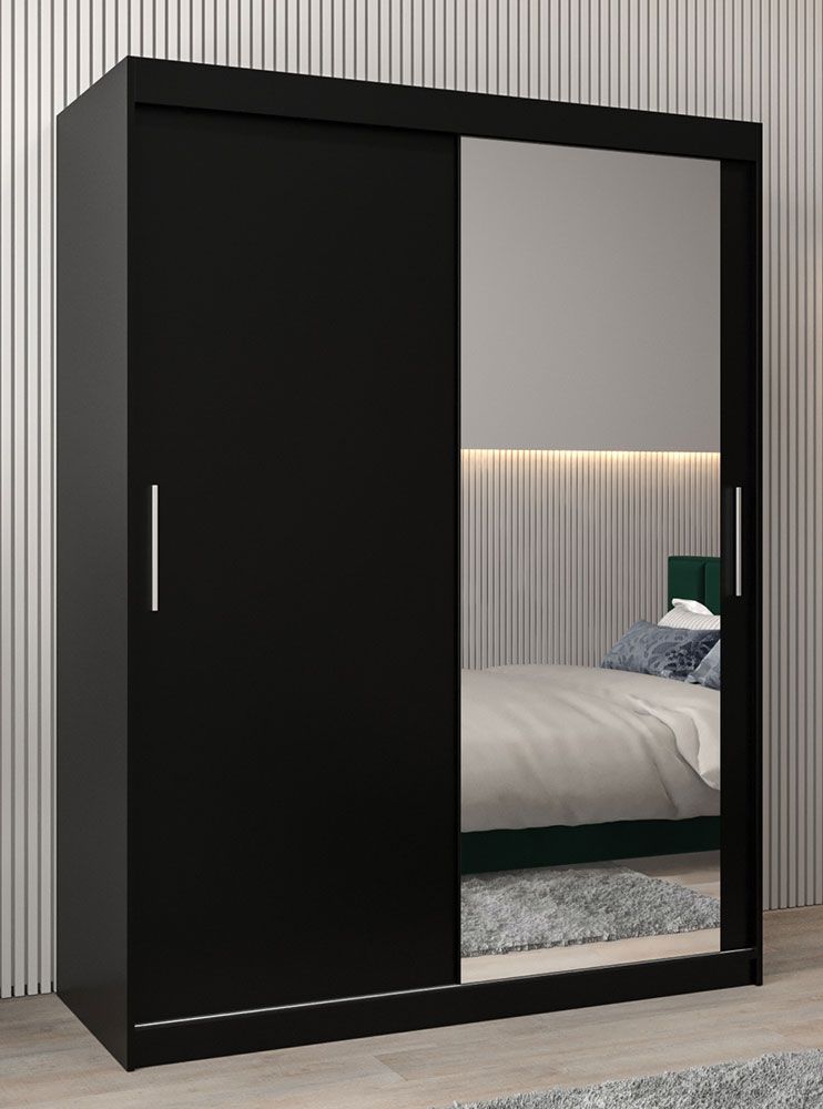 Armadio ad ante scorrevoli Bisaurin 3C con specchio, nero - 200 x 150 x 62 cm (h x l x p)