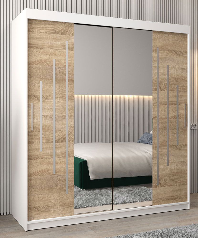 Armadio ad ante scorrevoli Tomlis 04A con specchio, bianco opaco / rovere Sonoma - 200 x 180 x 62 cm (h x l x p)