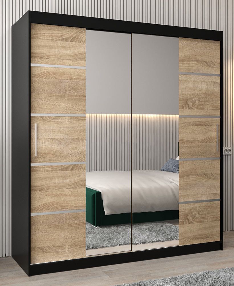 Armadio ad ante scorrevoli Jan 04D con specchio, nero / rovere Sonoma - 200 x 180 x 62 cm (h x l x p)