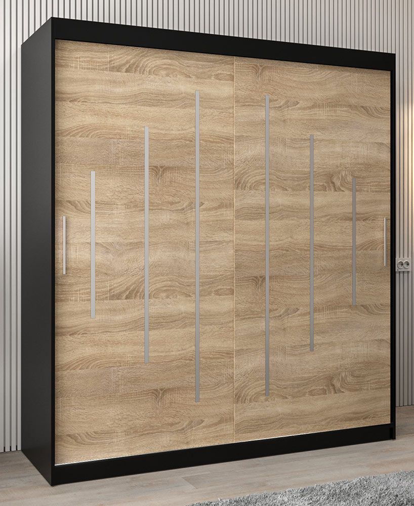 Armadio ad ante scorrevoli Pilatus 04, nero / rovere Sonoma - 200 x 180 x 62 cm (h x l x p)