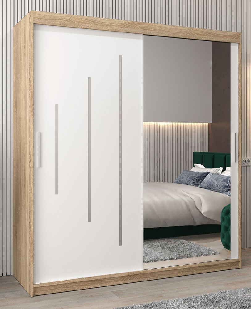 Armadio ad ante scorrevoli Tomlis 04B con specchio, rovere Sonoma / bianco opaco - 200 x 180 x 62 cm (h x l x p)