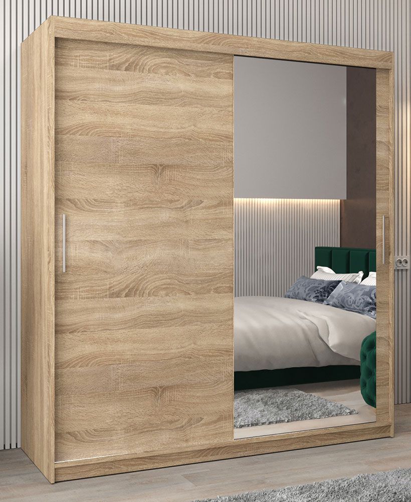 Armadio ad ante scorrevoli Bisaurin 4C con specchio, rovere Sonoma - 200 x 180 x 62 cm (h x l x p)