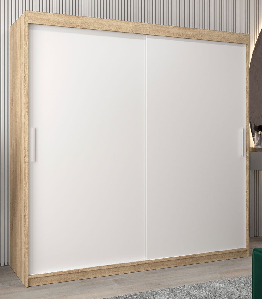 Armadio ad ante scorrevoli Bisaurin 5A, rovere Sonoma / bianco opaco - 200 x 200 x 62 cm (h x l x p)