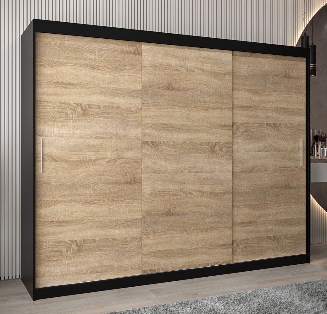 Armadio ad ante scorrevoli Bisaurin 6A, nero / rovere Sonoma - 200 x 250 x 62 cm (h x l x p)