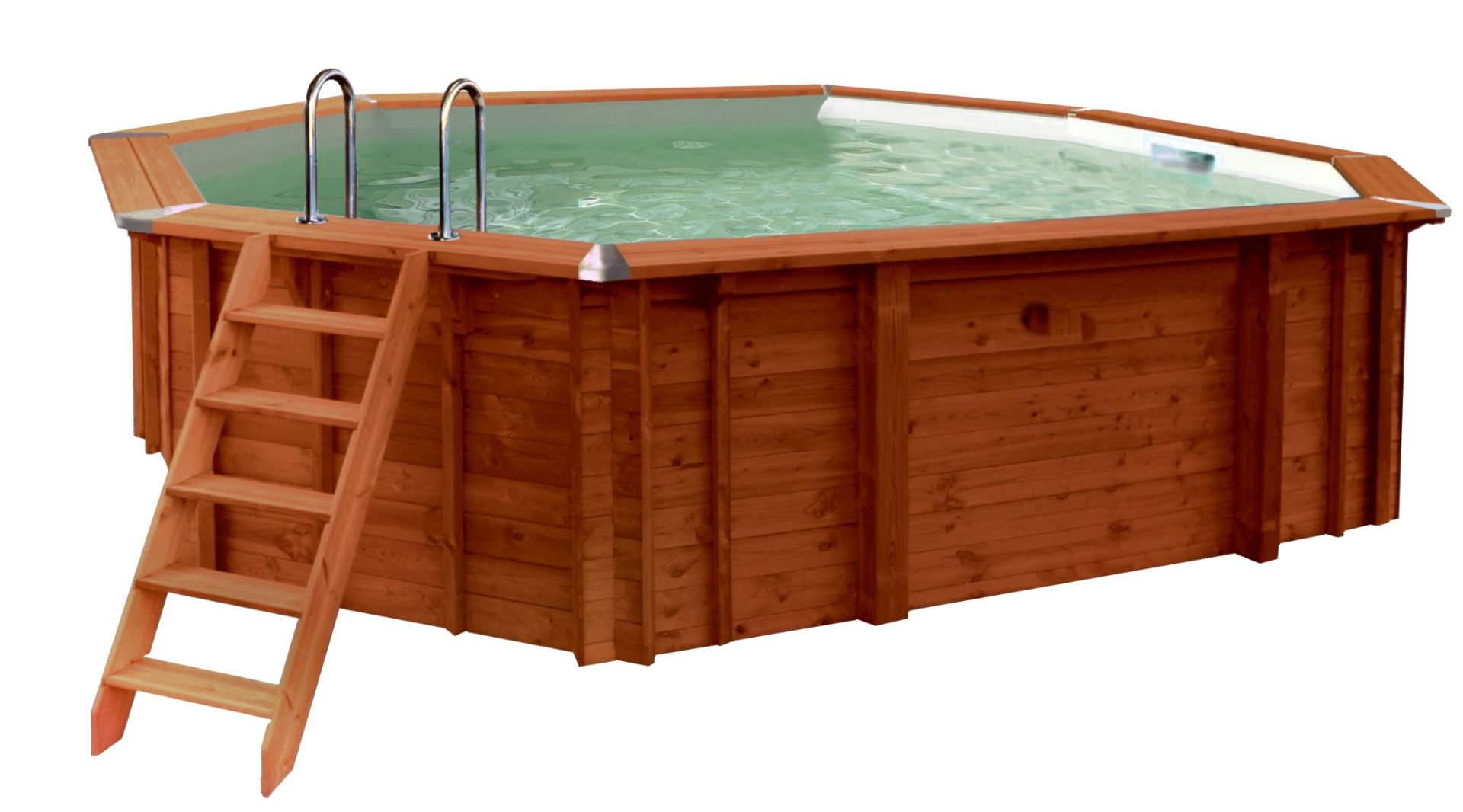 Piscina da giardino in legno Gardenflair 02, ovale ottagonale, 6,40 x 4,00 metri, comprensiva di sistema di filtraggio a sabbia, Fiberclean, scala per piscina, liner per piscina, telo per pavimento e pareti, giunti angolari in acciaio inox, faretti LED, c