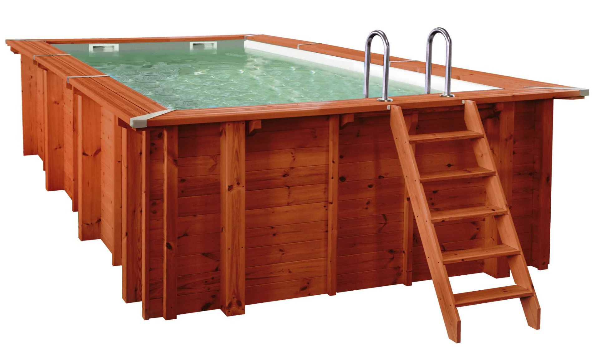 Piscina rettangolare in legno Gardenflair 03, 6,00 x 3,00 metri, comprensiva di sistema di filtraggio a sabbia, Fiberclean, scala per piscina, liner per piscina, telo per pavimento e pareti, giunti angolari in acciaio inox, faretti LED, copertura estiva e