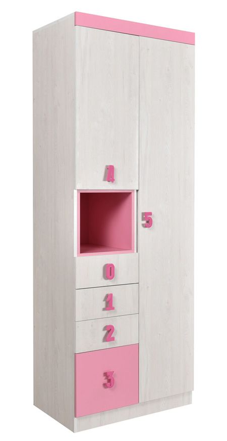 Cameretta - Armadio ad ante battenti Luis 11, rovere bianco / rosa - 218 x 80 x 52 cm (h x l x p)