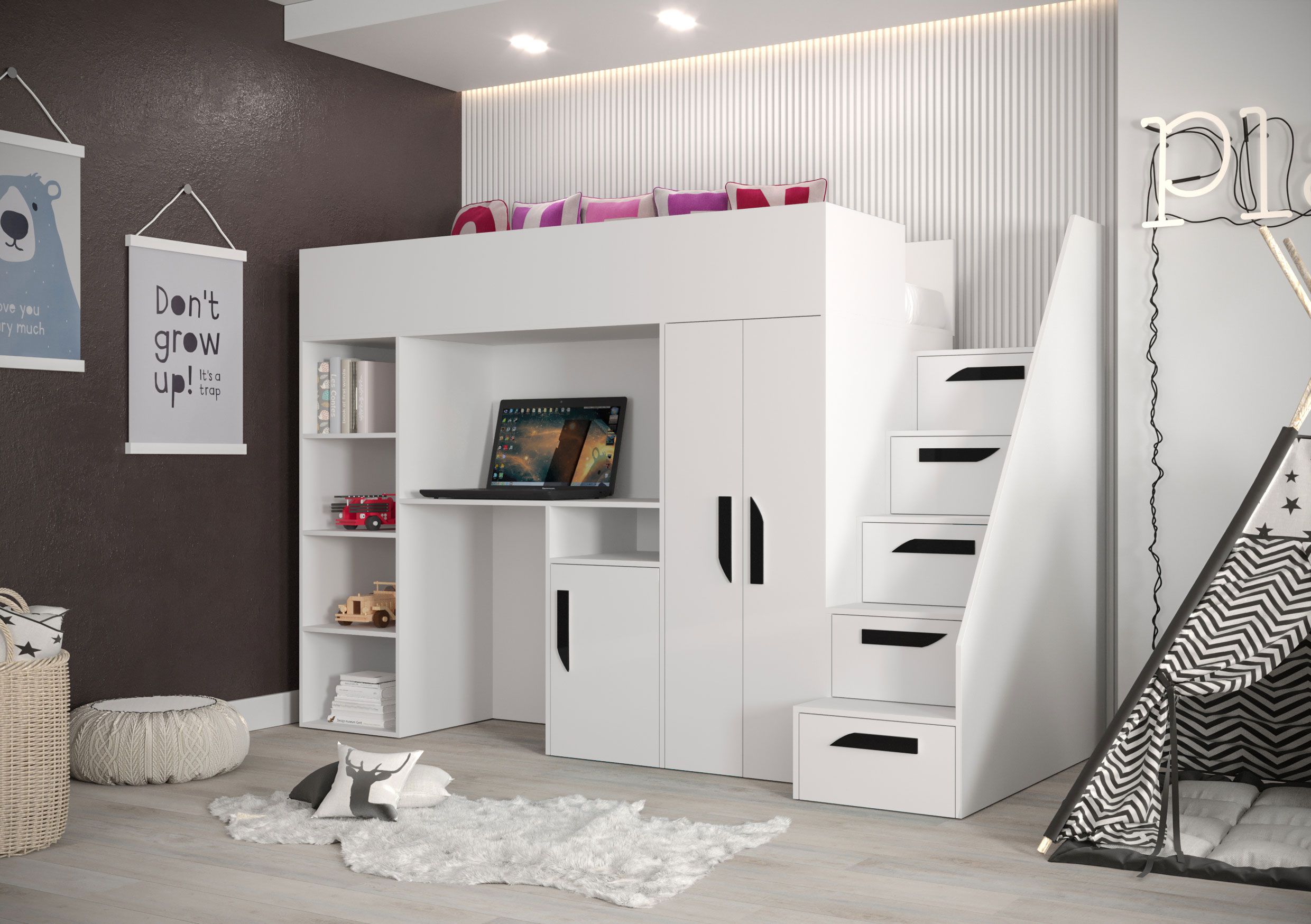 Letto funzionale / letto per bambini / letto a soppalco con contenitore e scrivania Jura 24, colore: bianco / nero - dimensioni: 165 x 247 x 120 cm (H x L x P)