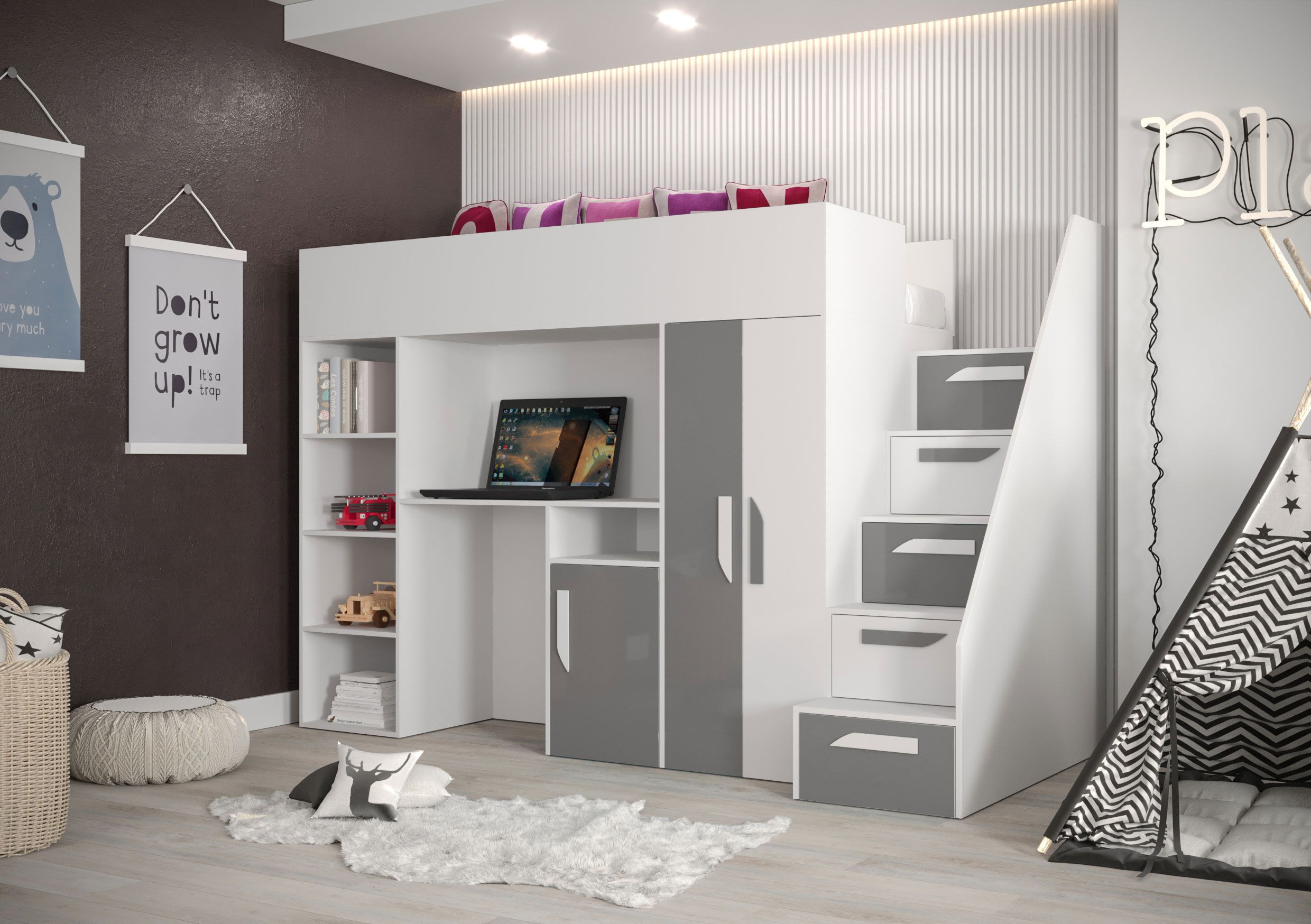 Combinazione letto funzionale / letto per bambini / letto a soppalco con contenitore e scrivania Jura 19, Colore: Bianco / Grigio - Dimensioni: 165 x 247 x 120 cm (A x L x P)