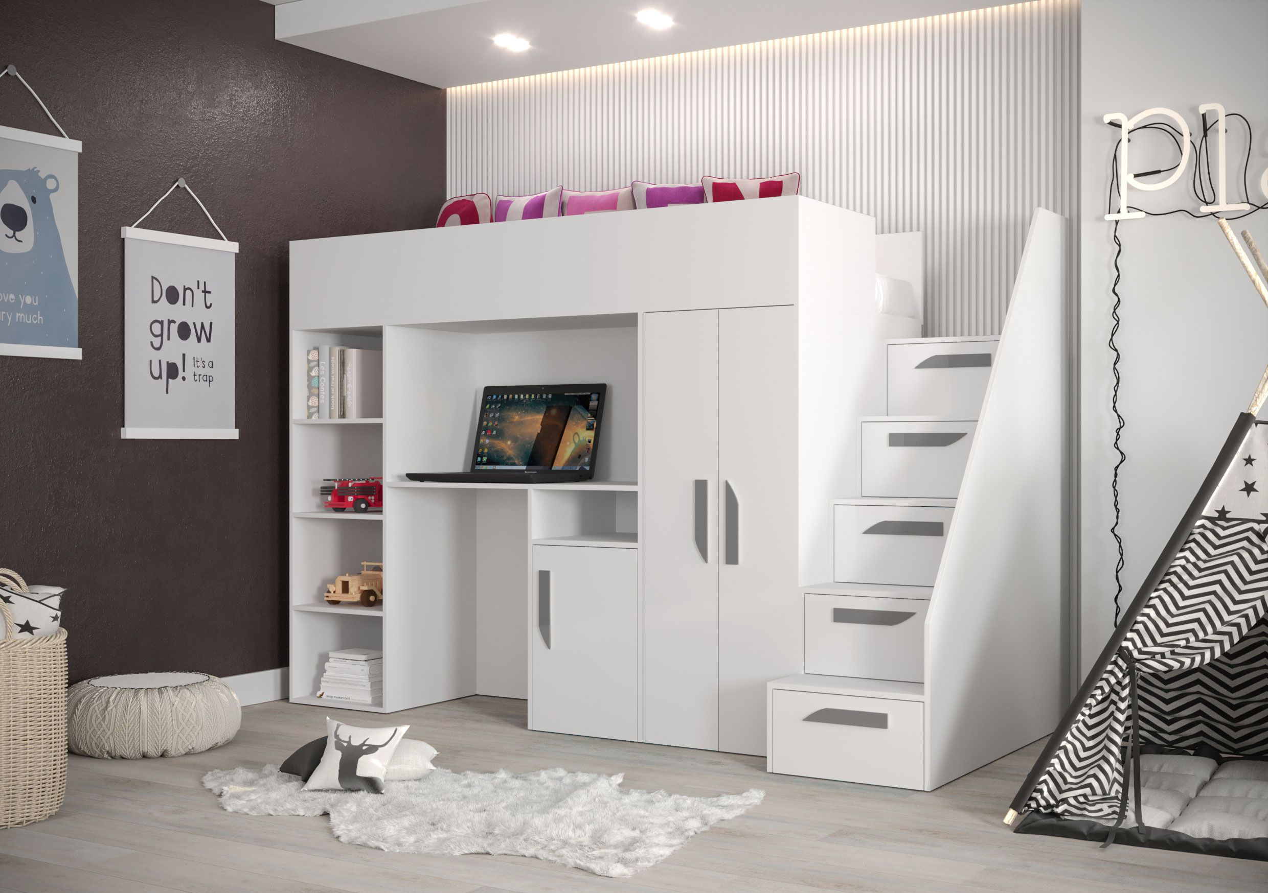 Combinazione letto funzionale / letto per bambini / letto a soppalco con contenitore e scrivania Jura 23, Colore: Bianco / Grigio - Dimensioni: 165 x 247 x 120 cm (A x L x P)