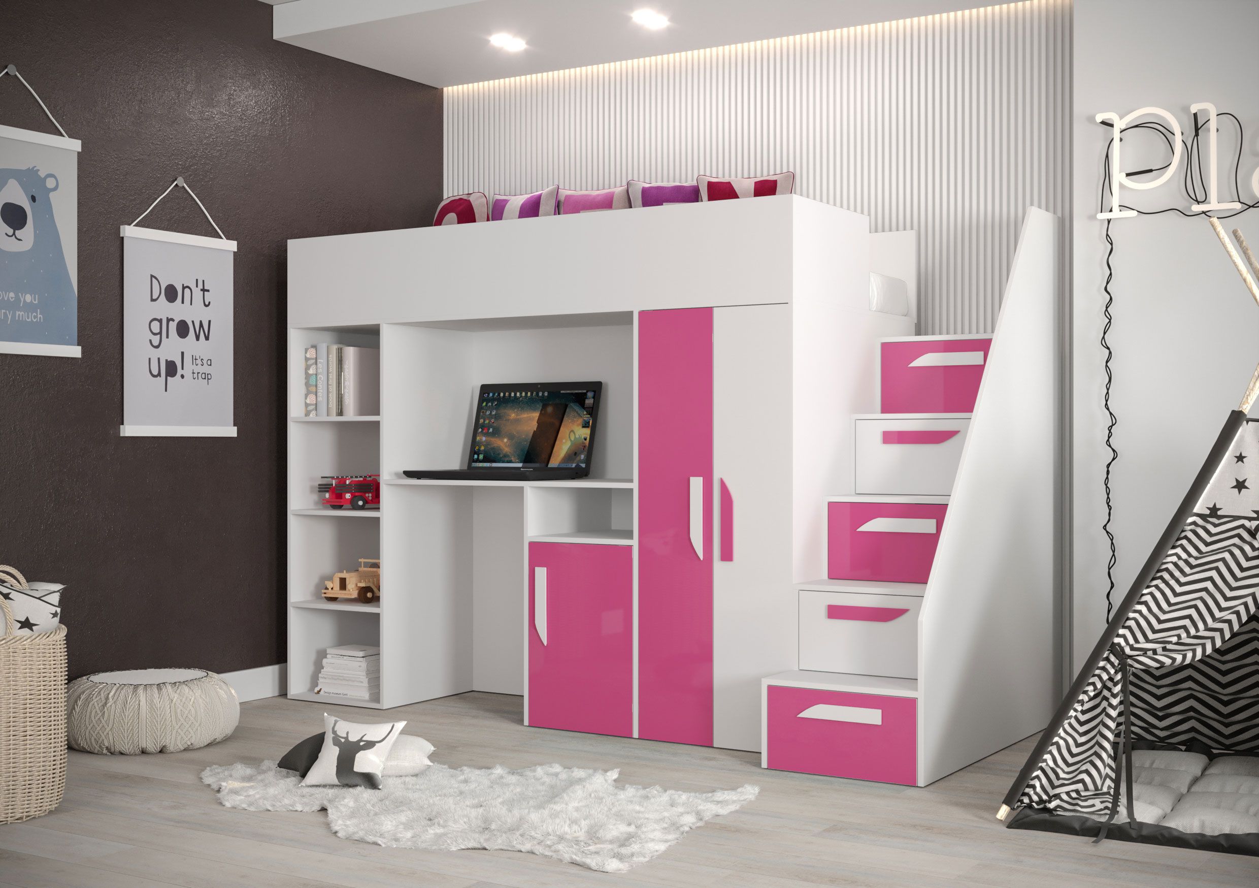 Combinazione letto funzionale / letto per bambini / letto a soppalco con contenitore e scrivania Jura 17, colore: bianco / rosa - dimensioni: 165 x 247 x 120 cm (A x L x P)