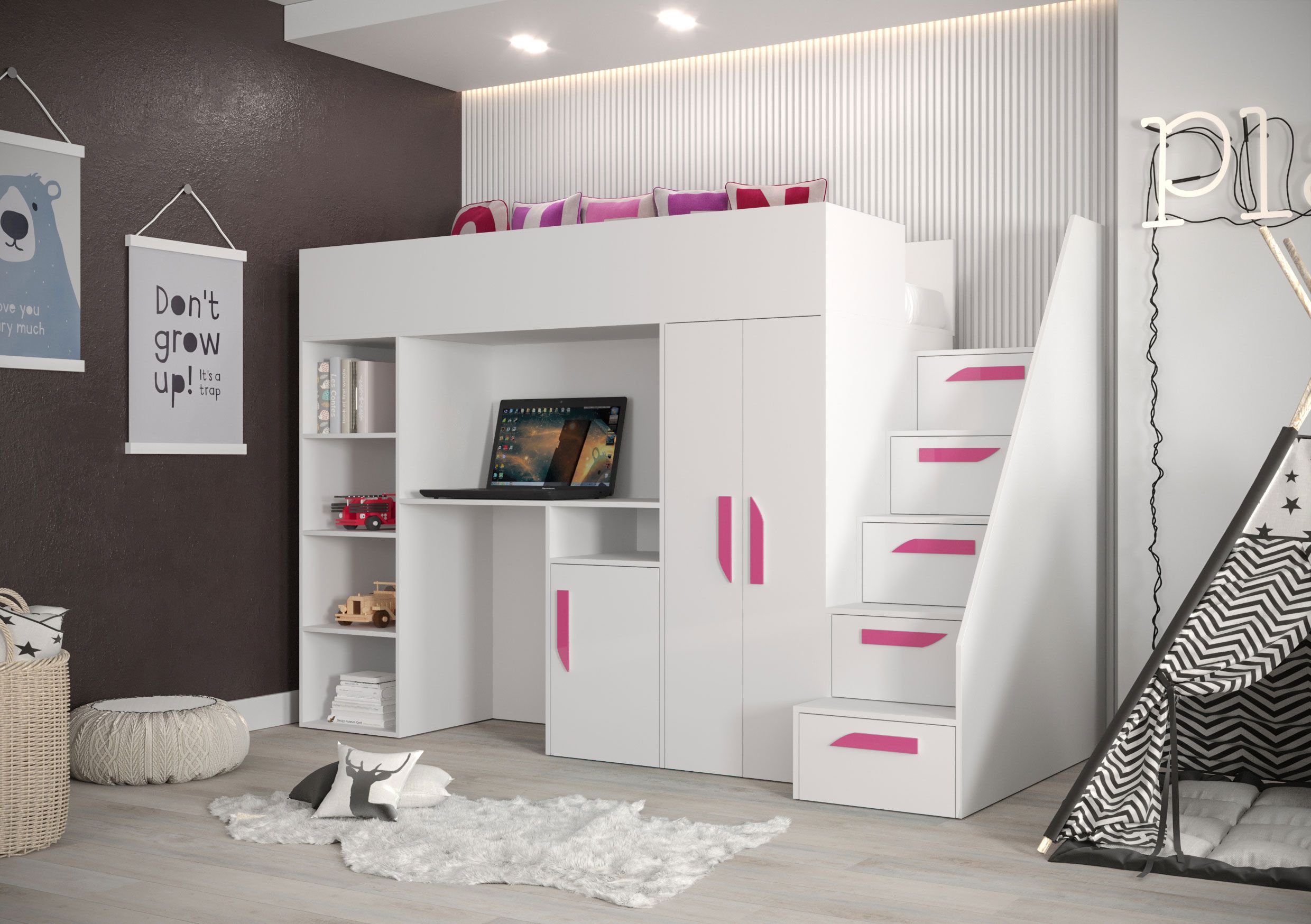 Letto funzionale / letto per bambini / letto a soppalco con contenitore e scrivania Jura 22, colore: bianco / rosa - dimensioni: 165 x 247 x 120 cm (A x L x P)