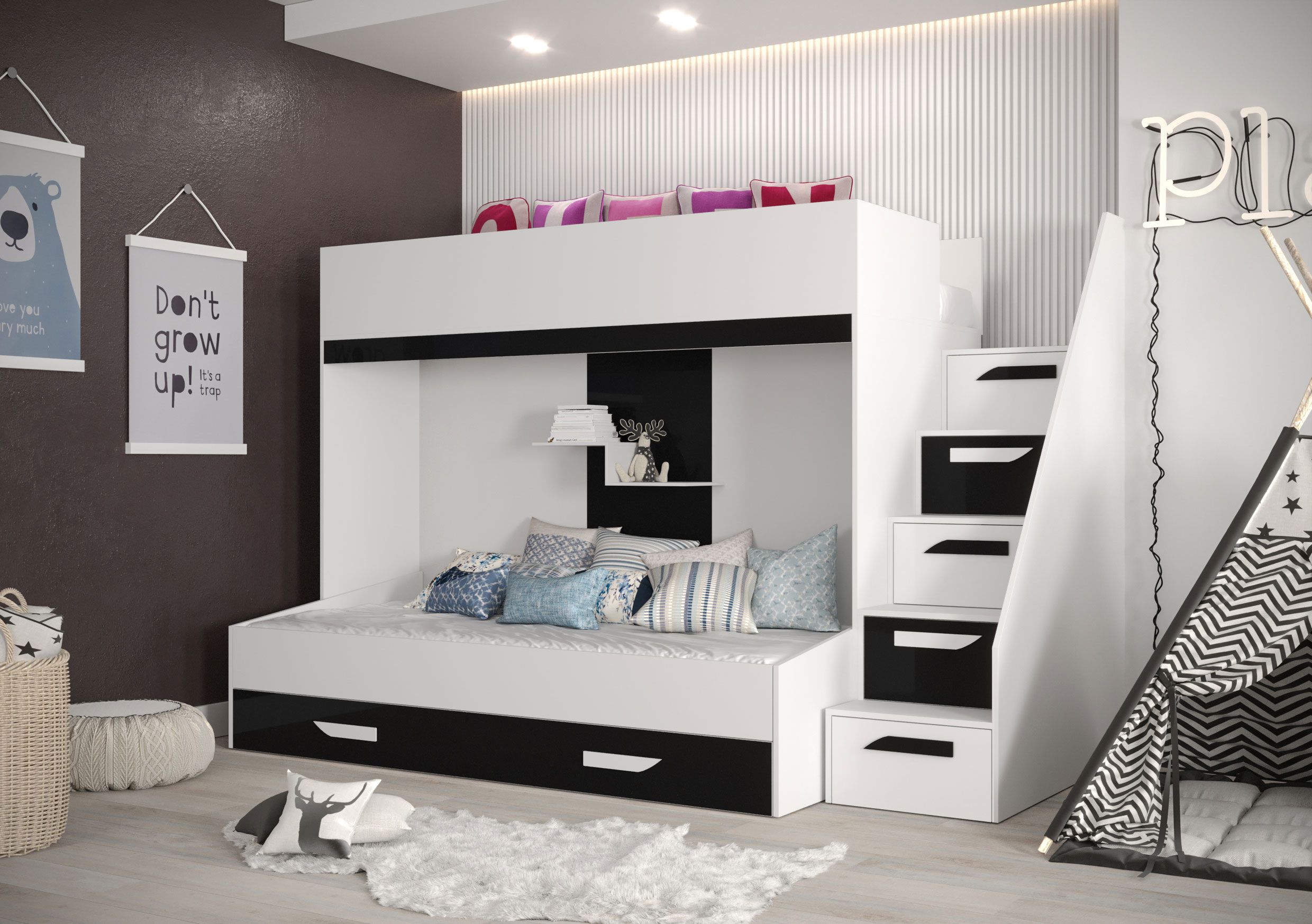 Letto funzionale / letto per bambini / letto a soppalco con tre reti Jura 36, colore: bianco / nero - dimensioni: 165 x 247 x 135 cm (H x L x P)