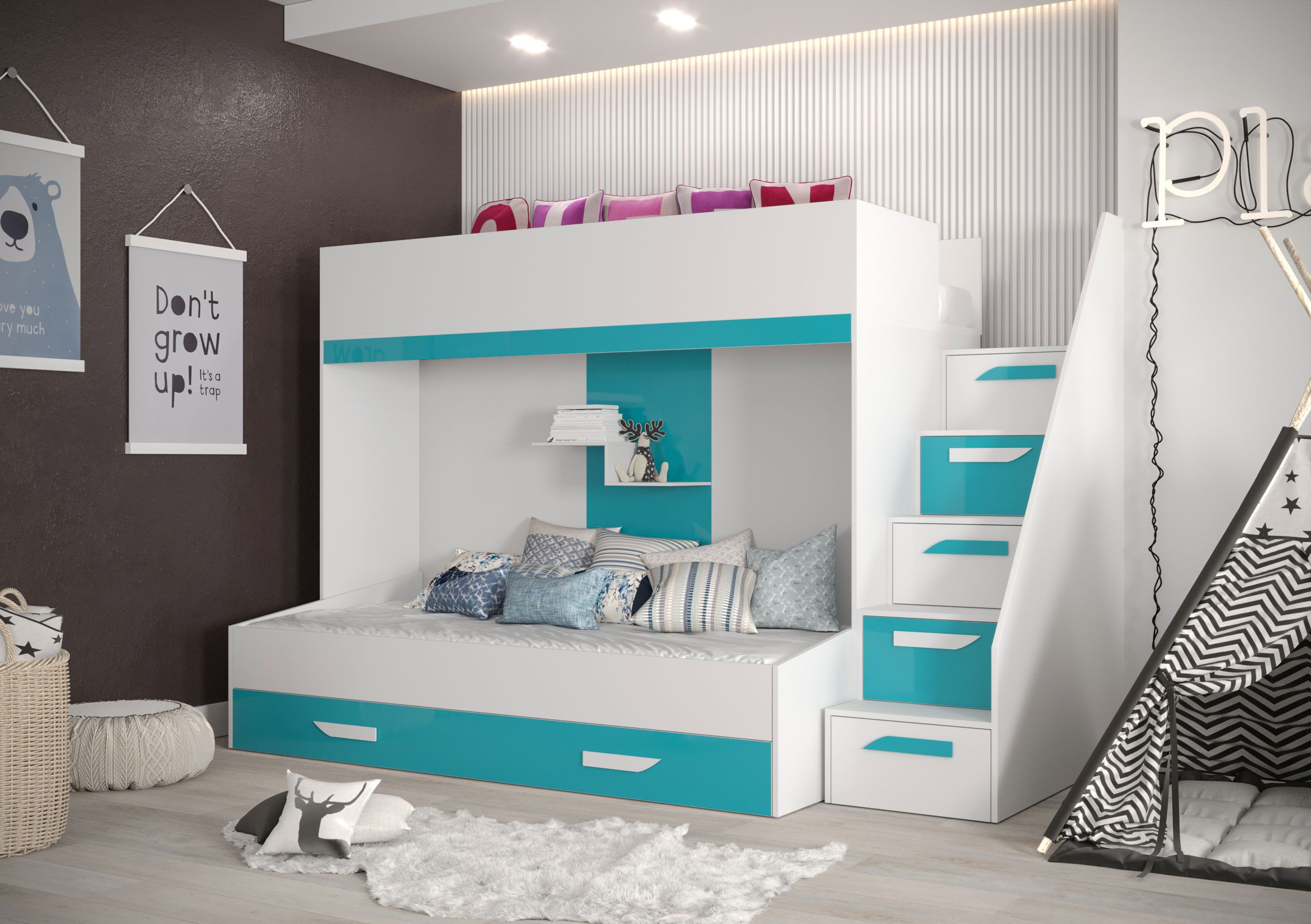 Letto funzionale / letto per bambini / letto a soppalco con tre reti Jura 34, colore: bianco / turchese - Dimensioni: 165 x 247 x 135 cm (A x L x P)