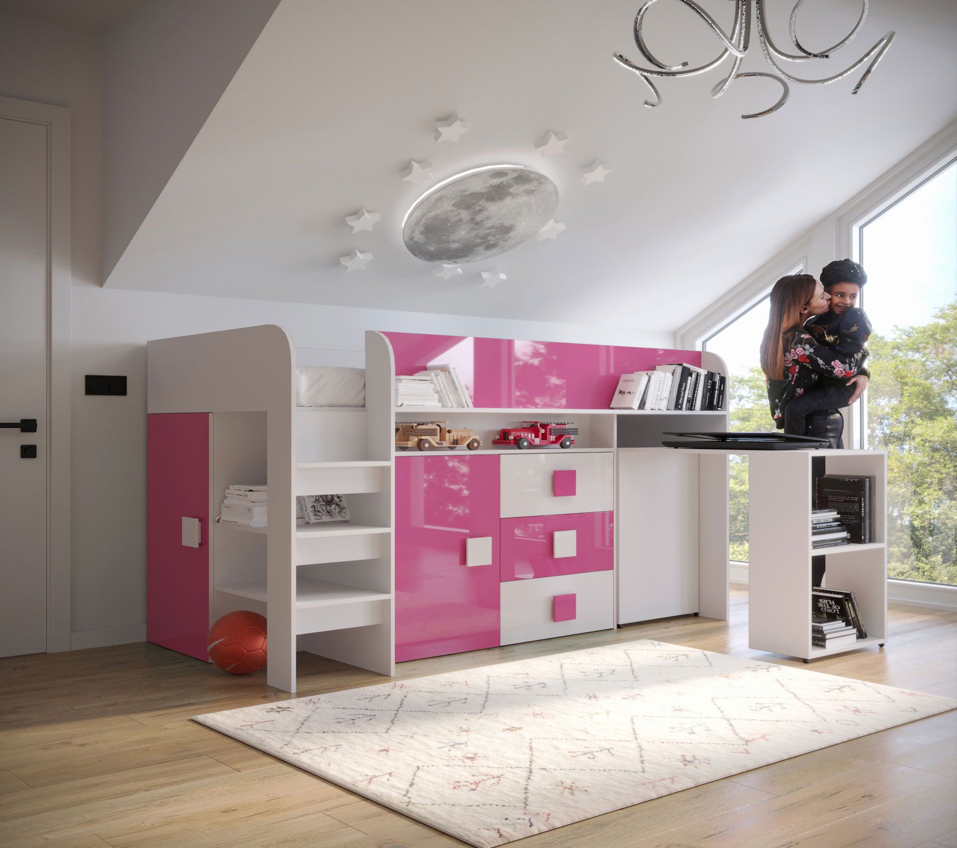 Elegante letto funzionale / letto per bambini con contenitore e scrivania Jura 53, protezione bordi in ABS, colore: bianco / rosa, superficie di appoggio: 90 x 200 cm, possibilità di utilizzo versatile