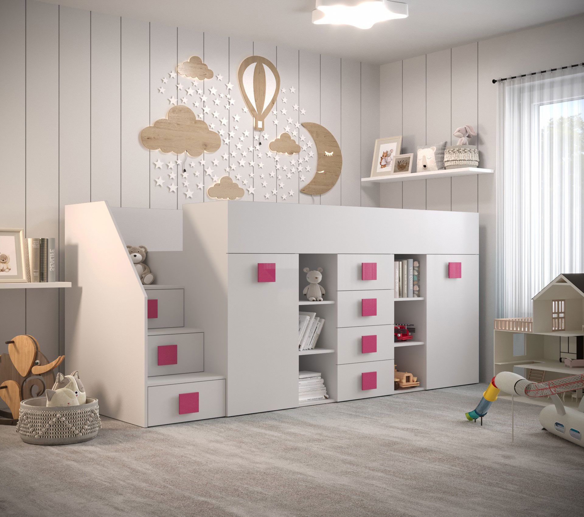 Letto funzionale moderno / letto per bambini, scala: sinistra, Jura 76, colore: bianco / rosa, superficie di appoggio: 90 x 200 cm, con scrivania integrata, dodici scomparti, protezione bordi in ABS