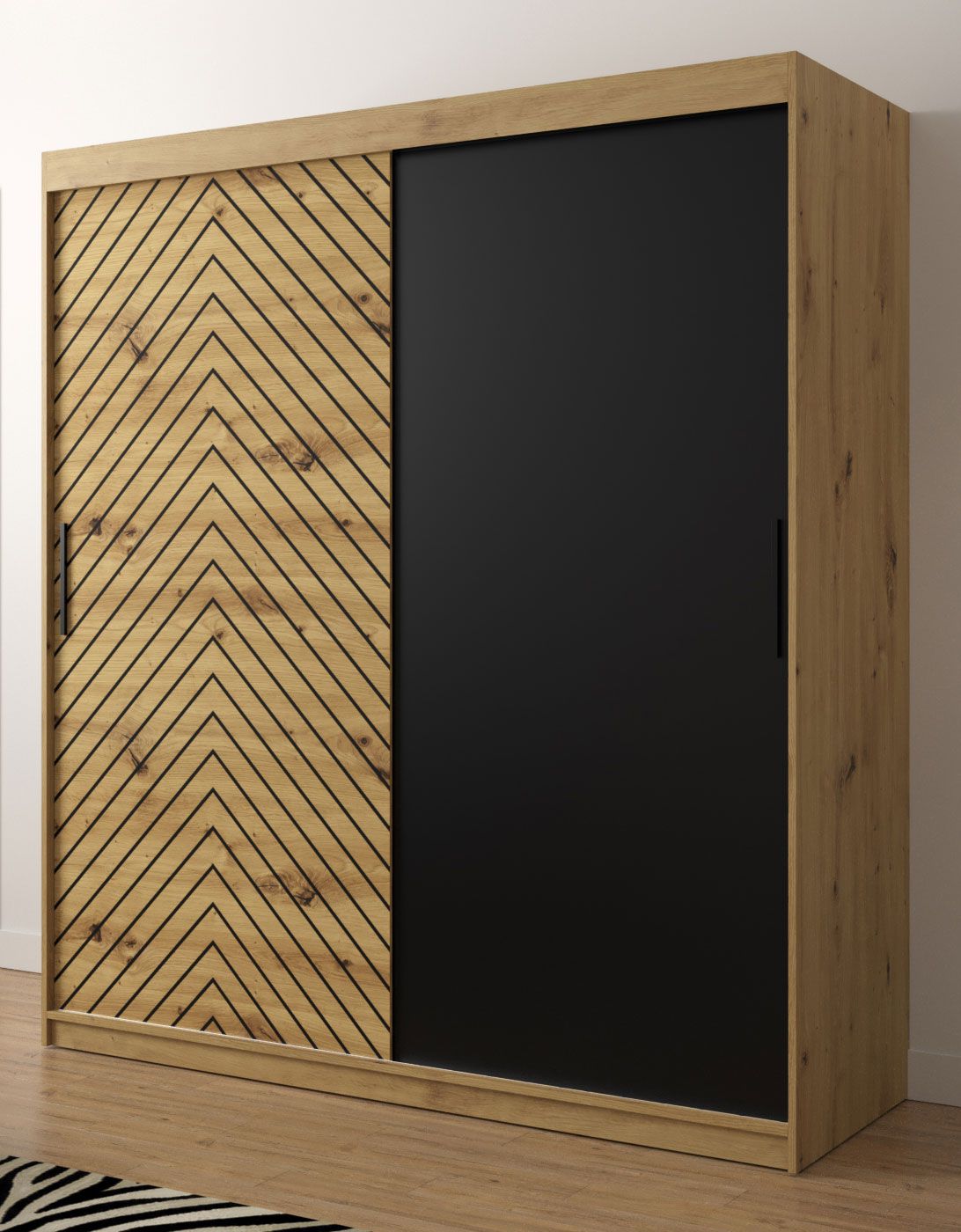 Armadio elegante Mulhacen 19, rovere Artisan / nero opaco - 200 x 180 x 62 cm (h x l x p), 10 scomparti e 2 barre appendiabiti