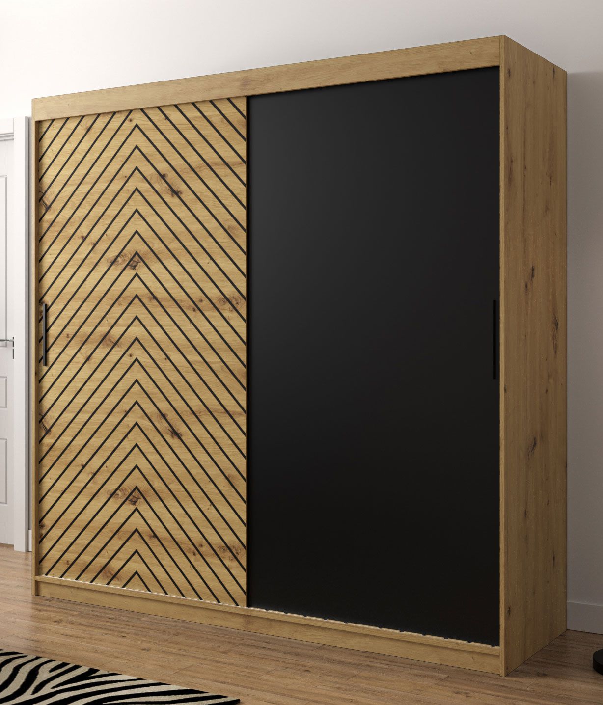 Armadio elegante Mulhacen 25, rovere Artisan / nero opaco - 200 x 200 x 62 cm (h x l x p), 10 scomparti e 2 barre appendiabiti