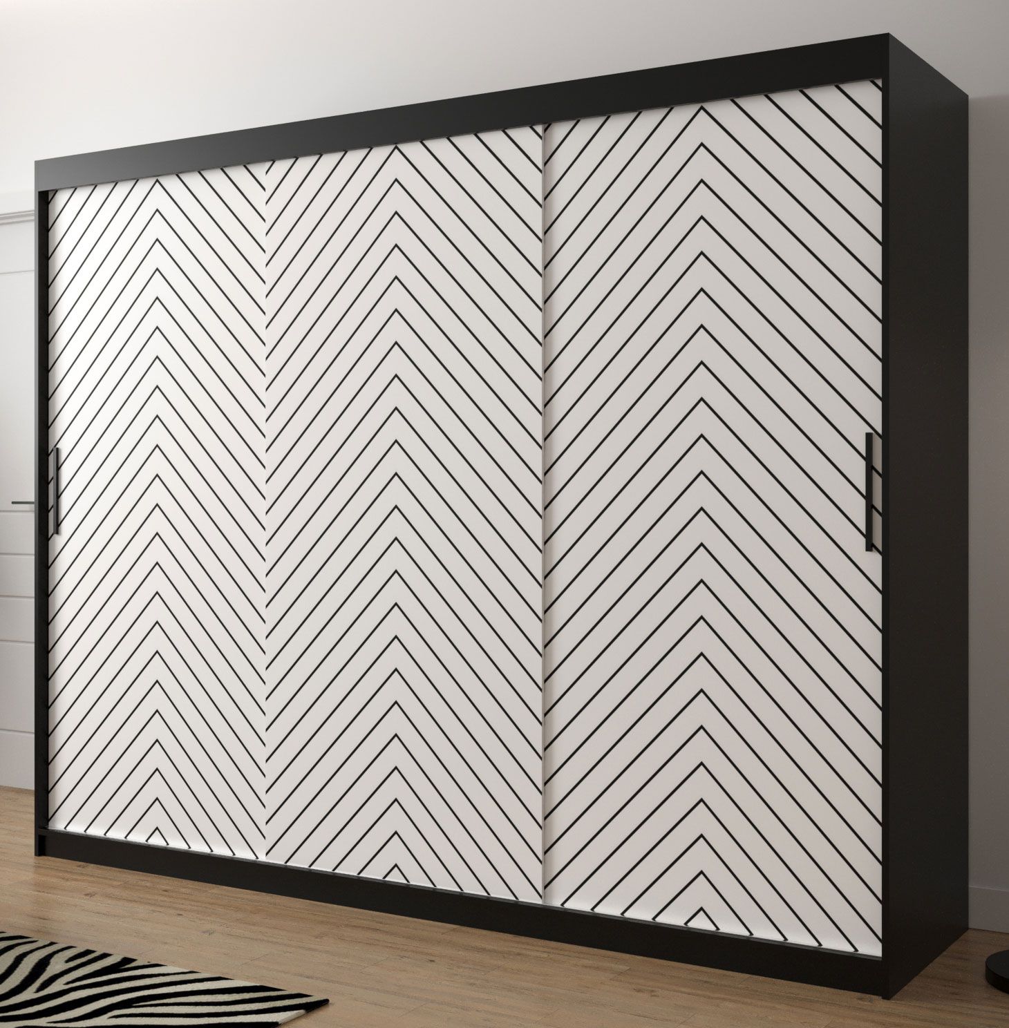 Armadio moderno Mulhacen 72, nero opaco / bianco opaco - 200 x 250 x 62 cm (h x l x p), 10 scomparti e 2 barre appendiabiti