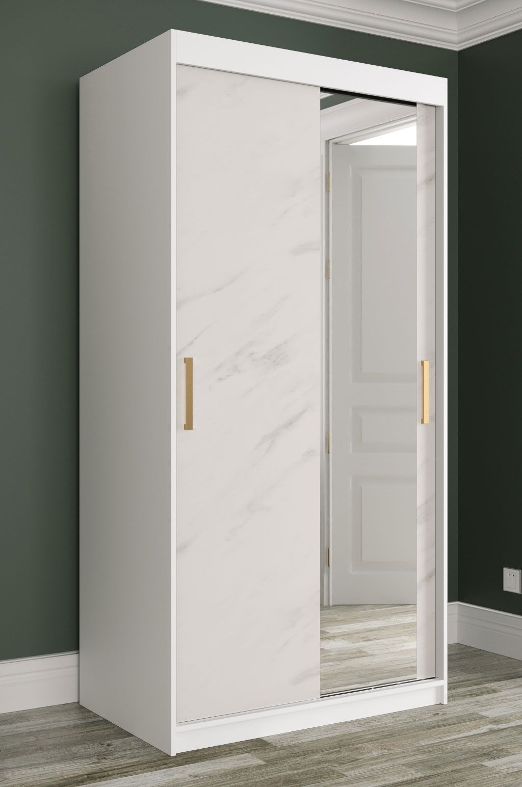 Elegante Armadio con anta a specchio Etna 76, bianco opaco / marmo bianco - 200 x 100 x 62 cm (h x l x p), molto spazioso