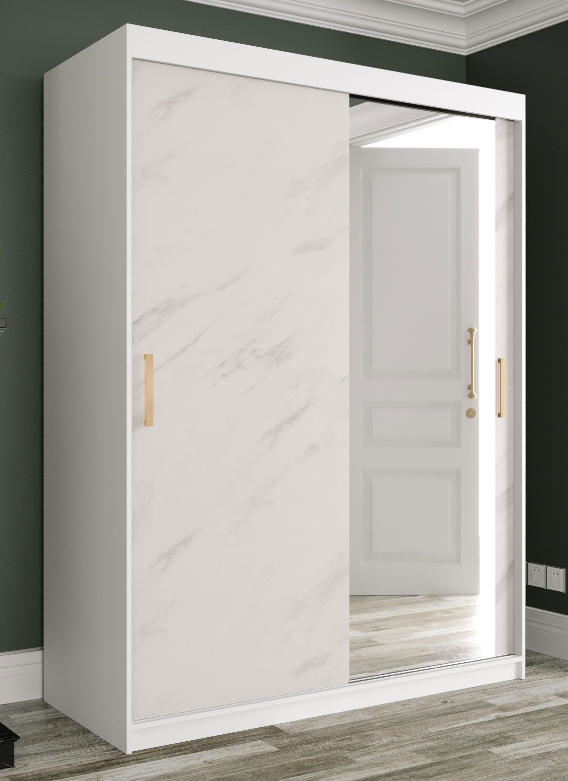 Elegante Armadio con anta a specchio Etna 84, bianco opaco / marmo bianco - 200 x 150 x 62 cm (h x l x p), molto spazioso