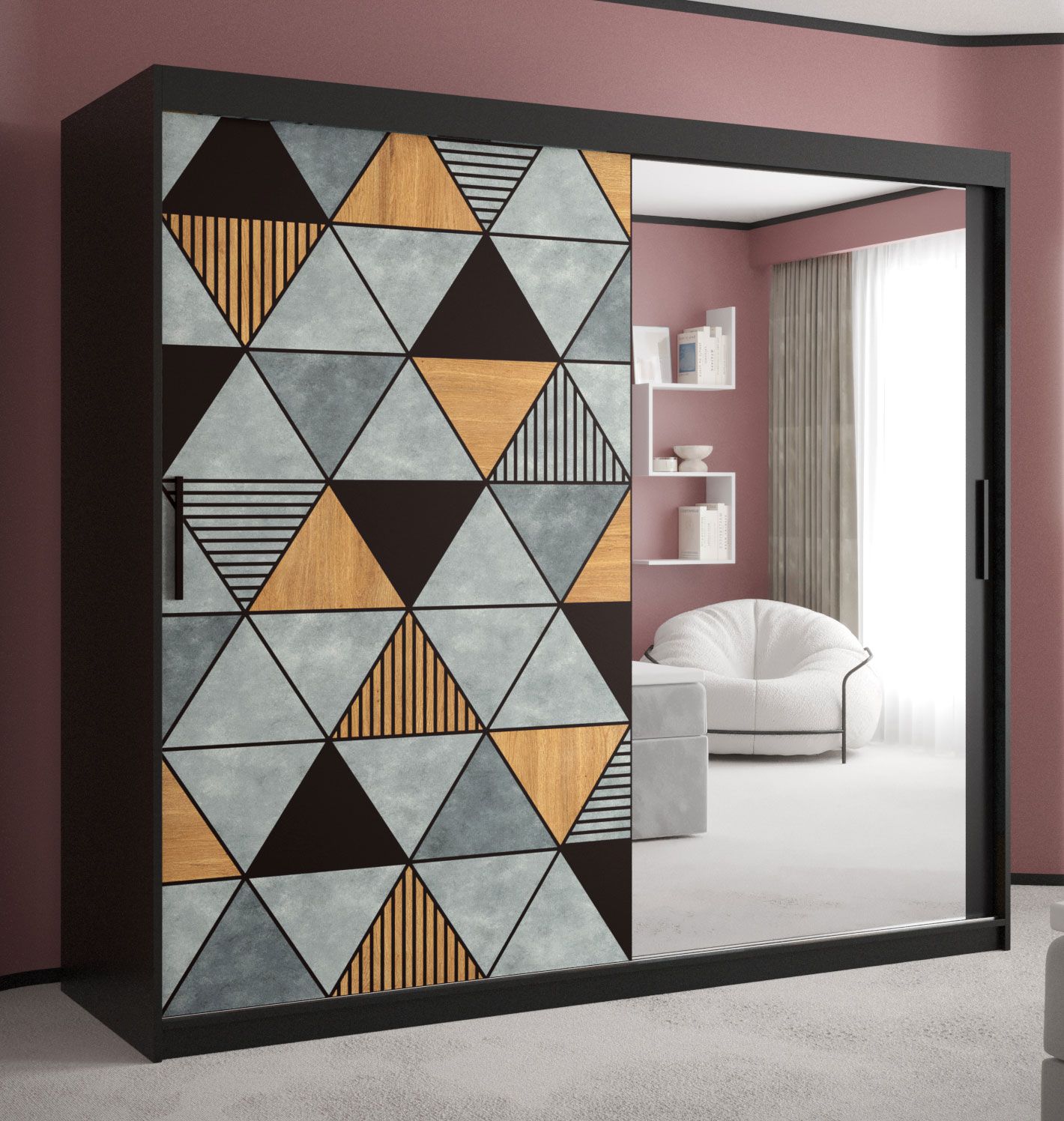 Armadio moderno Strahlhorn 17, nero opaco - 200 x 200 x 62 cm (h x l x p), con anta a specchio