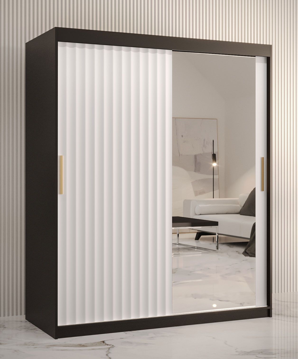 Elegante Armadio 5 scomparti Balmenhorn 83, nero opaco / bianco opaco - 200 x 150 x 62 cm (h x l x p), con anta a specchio