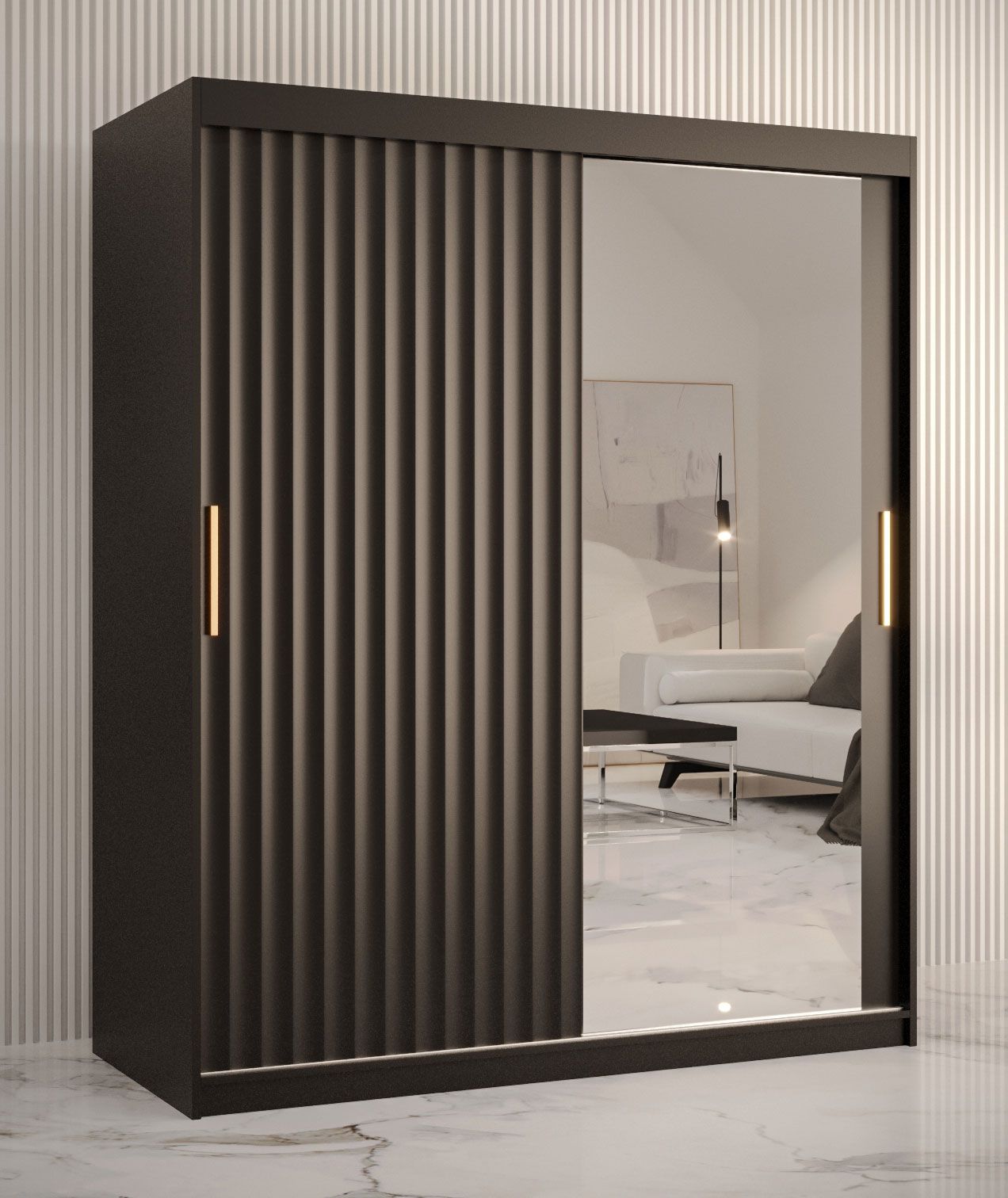 Elegante Armadio con anta a specchio Balmenhorn 84, nero opaco - 200 x 150 x 62 cm (h x l x p), 5 scomparti e 2 barre appendiabiti