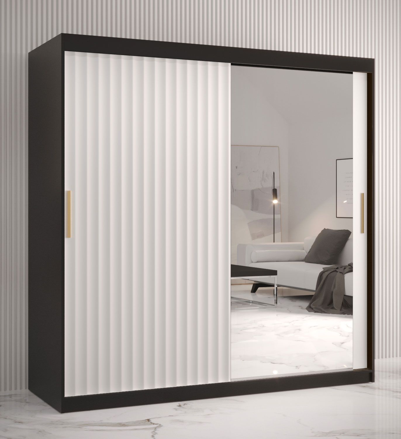 Armadio moderno Balmenhorn 87, nero opaco / bianco opaco - 200 x 180 x 62 cm (h x l x p), con anta a specchio