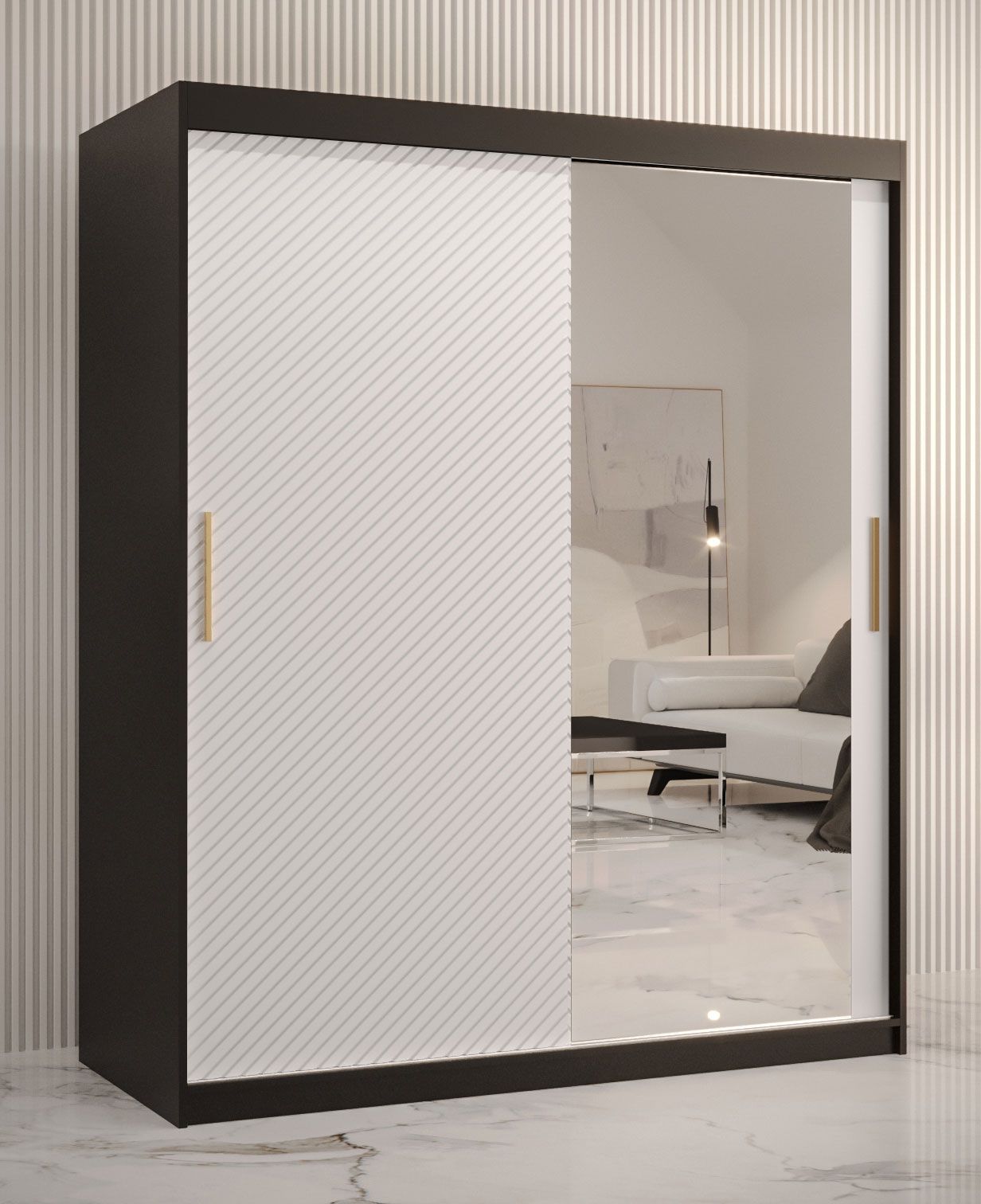 Armadio con anta a specchio Balmenhorn 35, nero opaco / bianco opaco - 200 x 150 x 62 cm (h x l x p), 5 scomparti