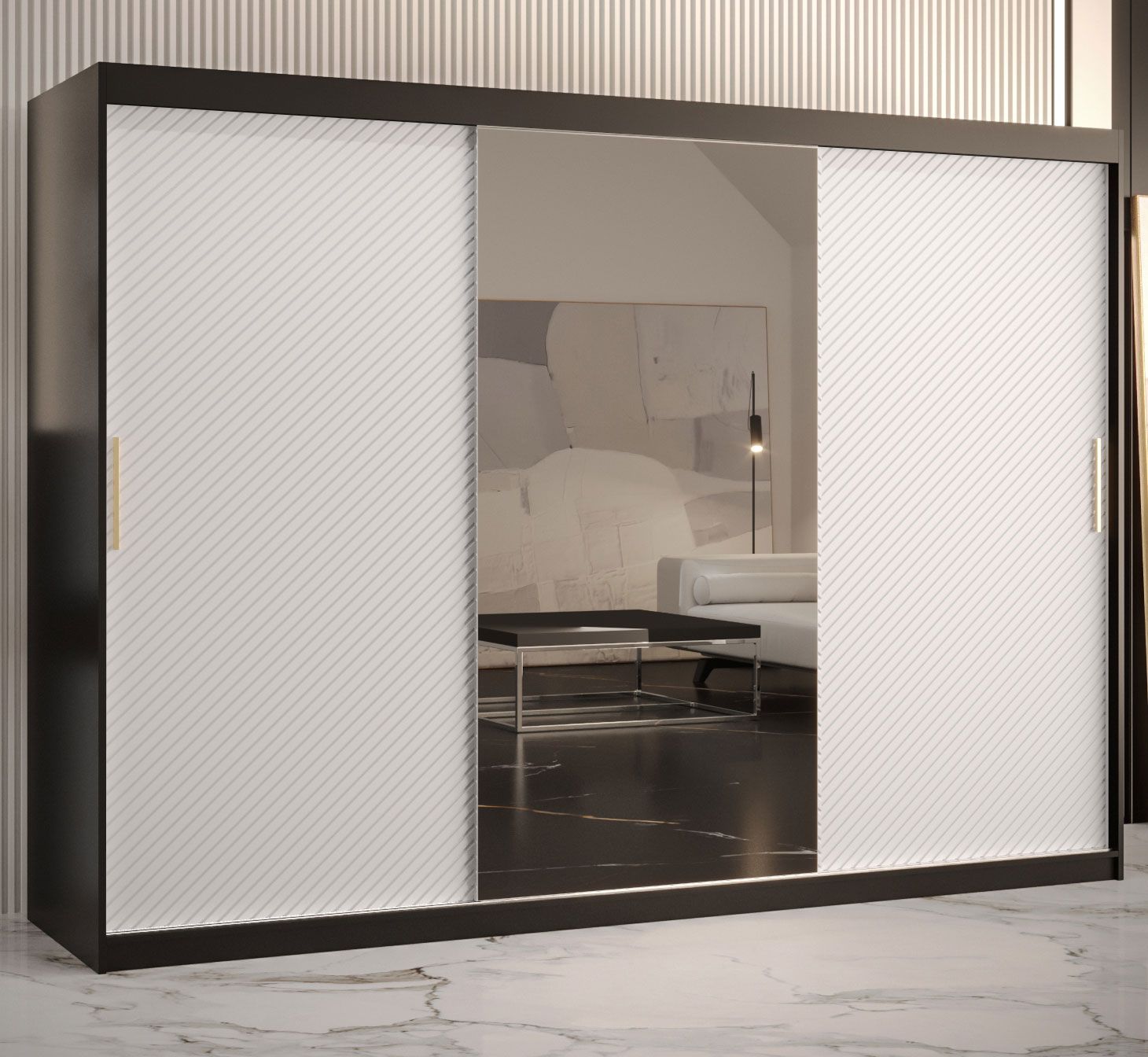 Armadio moderno con anta a specchio Balmenhorn 47, nero opaco / bianco opaco - 200 x 250 x 62 cm (h x l x p), molto spaziosa