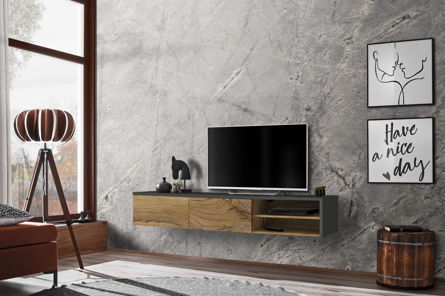 Mobile TV a tre scomparti Bjordal 16, colore: rovere Flagstaff / antracite - Dimensioni: 30 x 180 x 40 cm (A x L x P), con funzione di apertura a pressione