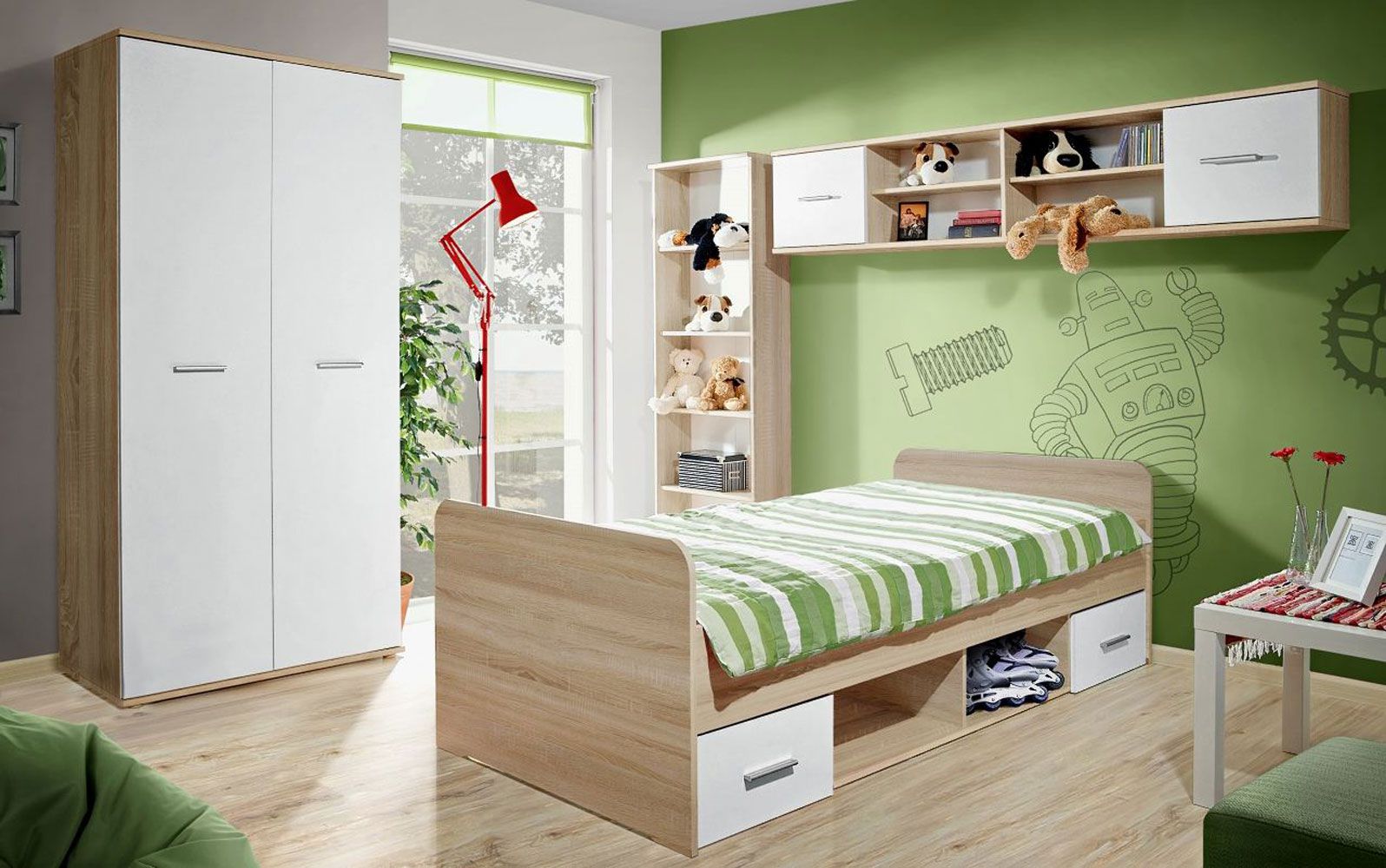 Cameretta moderna per bambini Velle 01, 4 pezzi, colore: rovere Sonoma / bianco