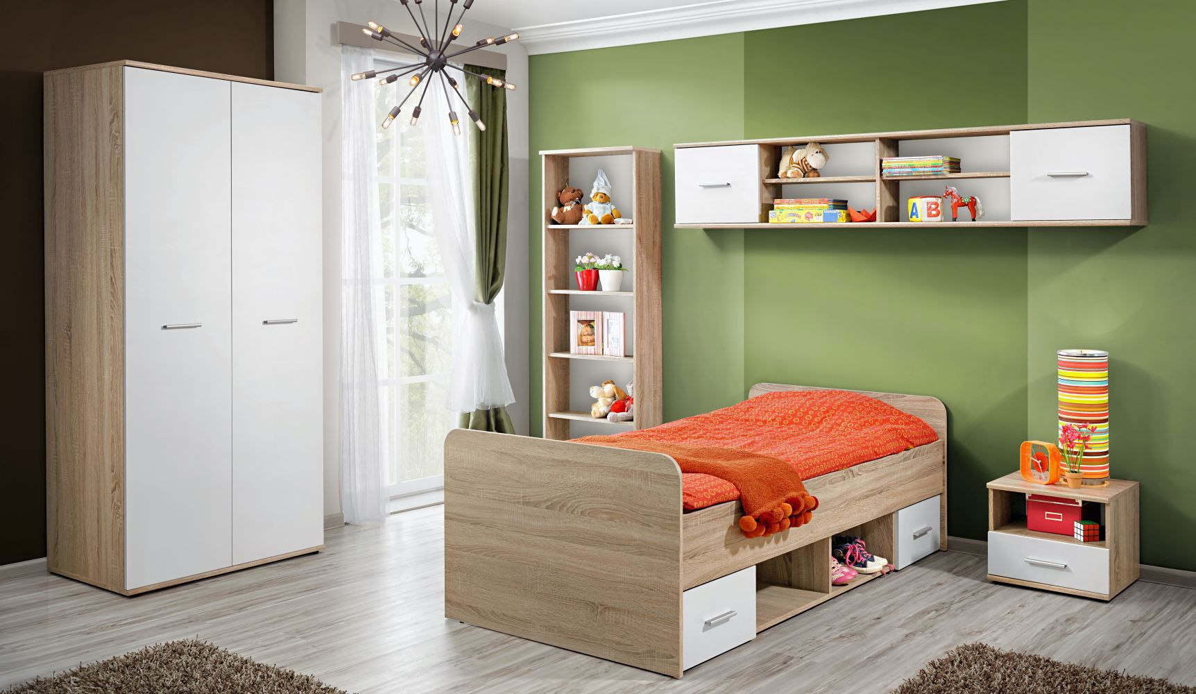 Cameretta semplice per bambini Velle 02, 5 pezzi, colore: rovere Sonoma / bianco