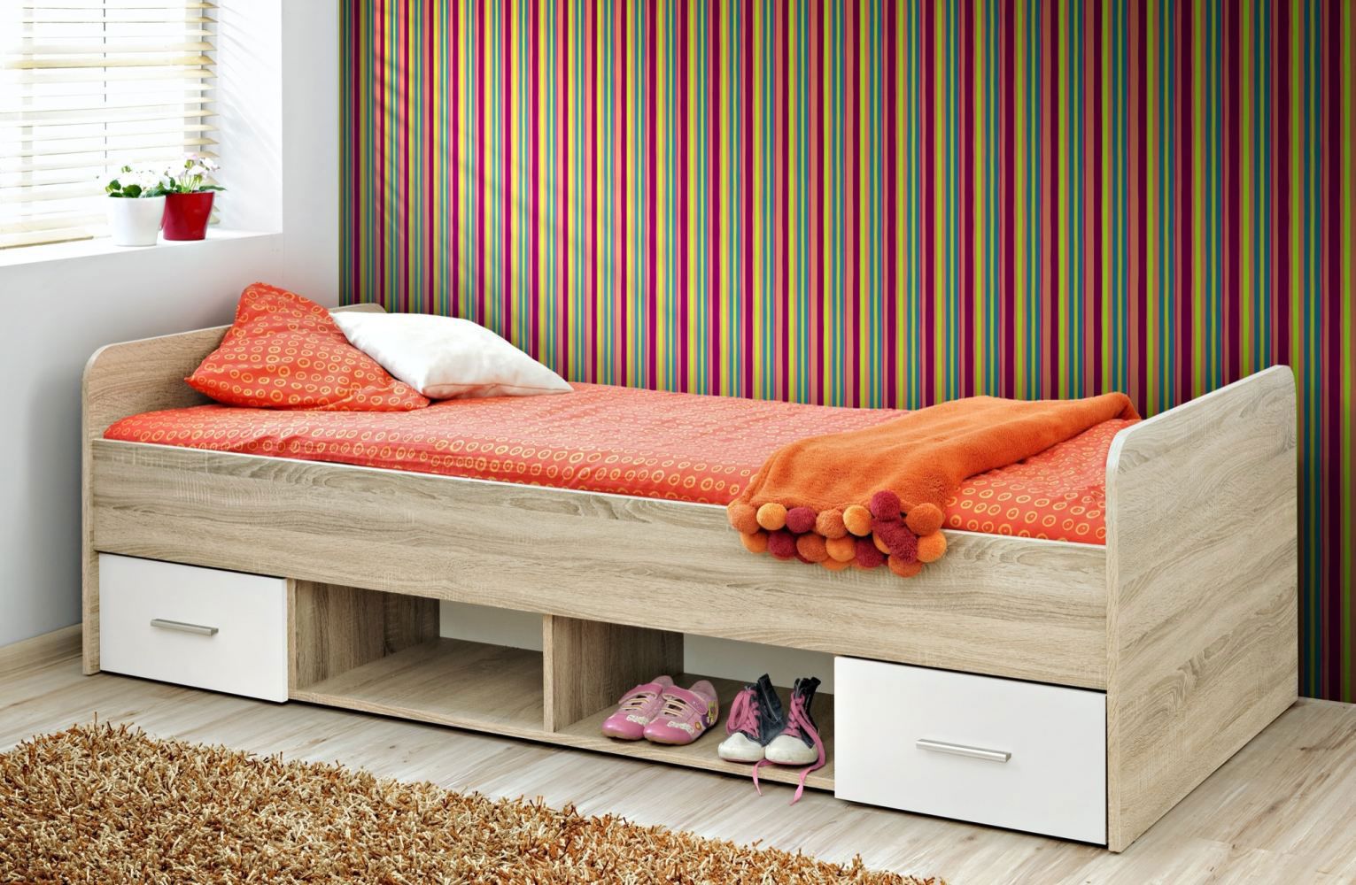 Letto singolo con due cassetti e due vani a giorno Velle 05, colore: rovere Sonoma / bianco - dimensioni: 90 x 200 cm