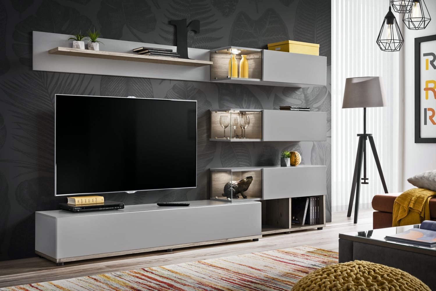 Pensile dal design moderno Bjordal 41, colore: rovere Wellington / grigio - Dimensioni: 150 x 240 x 40 cm (A x L x P), con funzione di apertura a pressione